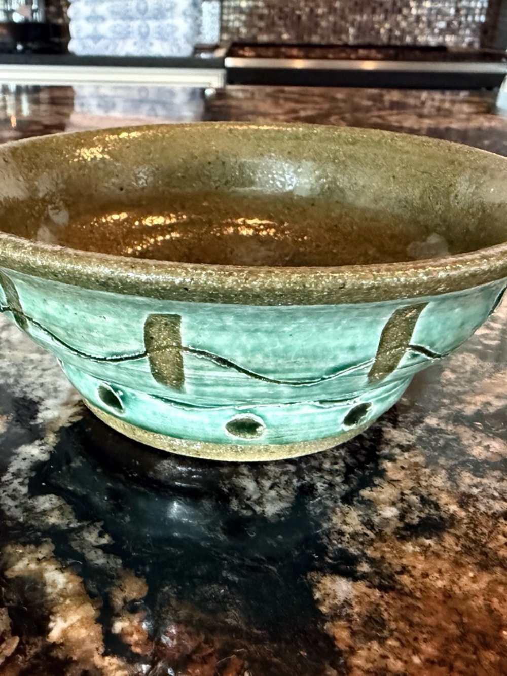 Handcrafted Ceramic Serving Bowl in Green and Brown - Picture 2 of 6